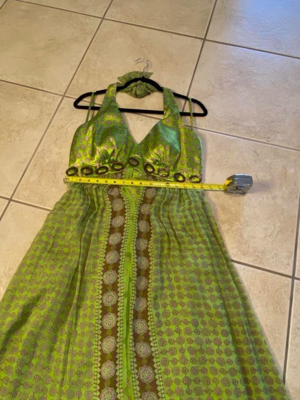 Vintage Lime Green Halter Maxi Dress with Brown Accents - Picture 7 of 8